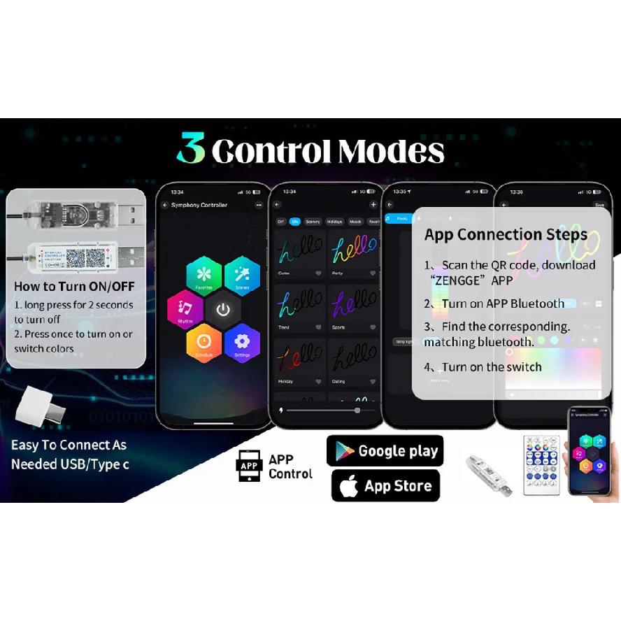 Acrylic Car Interior LED Strips USB Interface Dynamic Colorful RGB Car Ambient Lights Interior Neon Strip Music Sync App Control