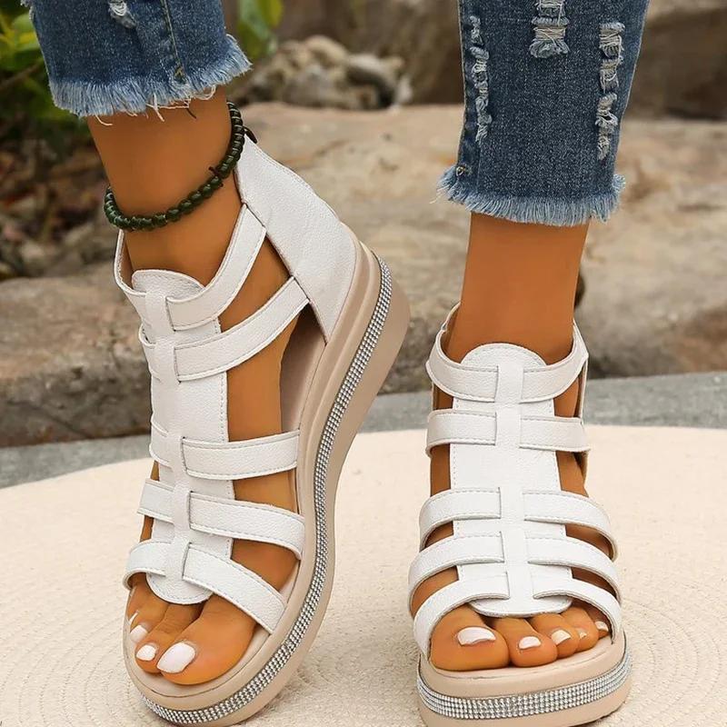 Fashion Rimocy 2025 Summer Fashion Shoes Solid Color Women Multi Strap Combination Thick Bottom Zipper Water Diamond Design Cool Slipper