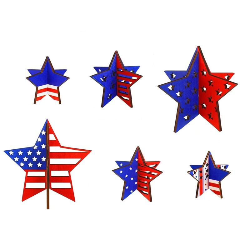 4th of July Wooden Star Ornaments Set of 6 - Patriotic Wood Table Decorations for Independence Day Party Theme