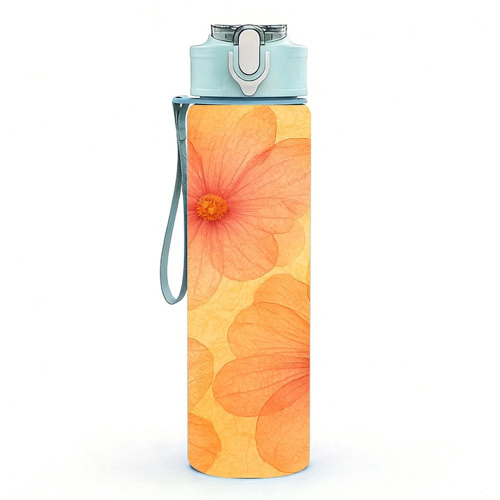 1PC Soft Gradient Orange Pink Daisy Floral Print 750ml Color Plastic Sports Water Bottle Leakproof Flip Straw Lid Suitable for Sports Office Home Use