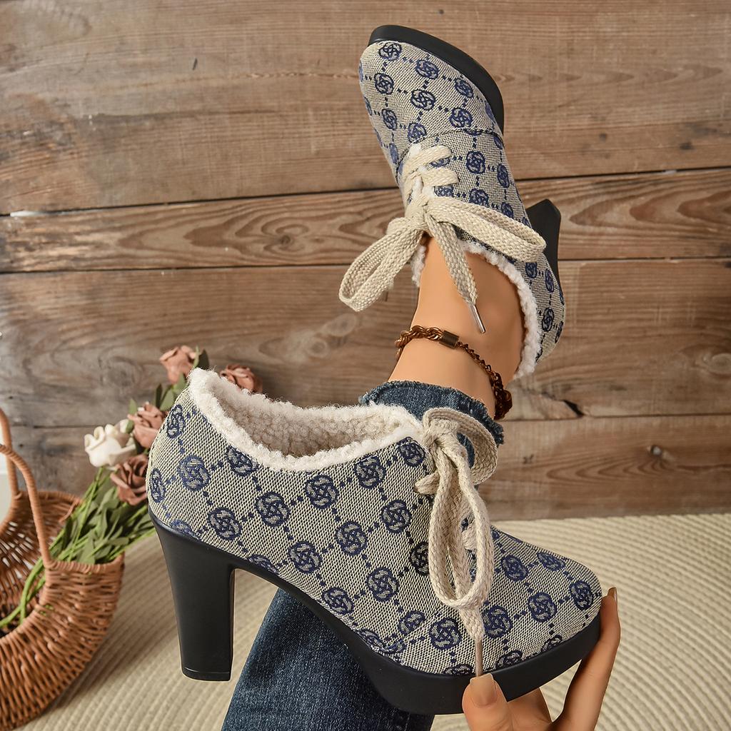 Fashion New Spring and Autumn Print Boots Women Luxury Lace-Up Boots Fashion Elegant Thickened Fluff High Heels Women Shoes for Women