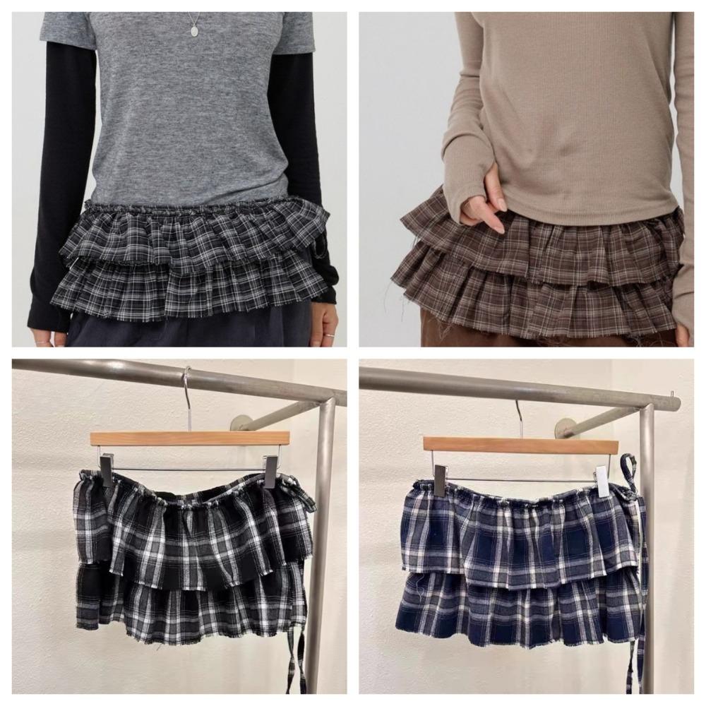 Hip-Hop Layer Outfits Karierter Rock Hemdverlängerer Rüschenrand Bund Jeans Dekoration