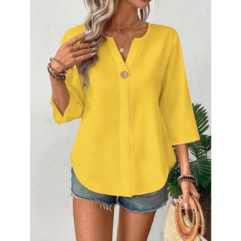 JPNTKY Women's Fashion Casual Solid Color Print V-Neck 3/4 Sleeves Blouses & Shirts