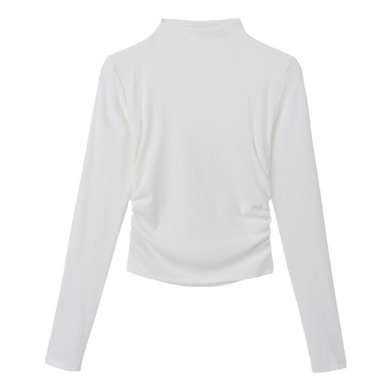 2023 Women's Slim Fit Long-Sleeve Turtleneck Pleated Waist Top for Autumn and Winter