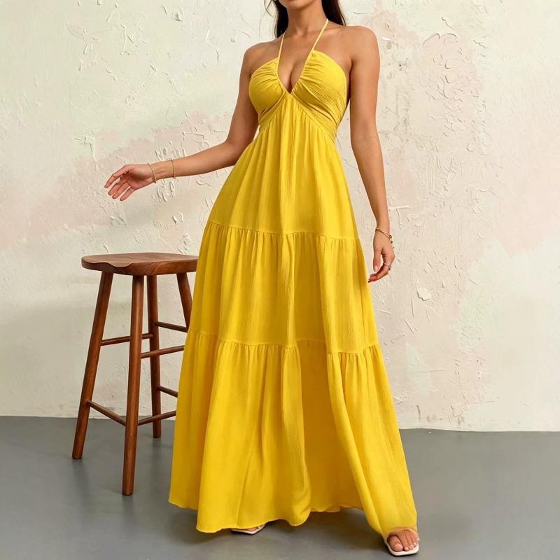 Amazon eaby European and American summer new hot-selling women's neck dress suspender strap holiday skirt