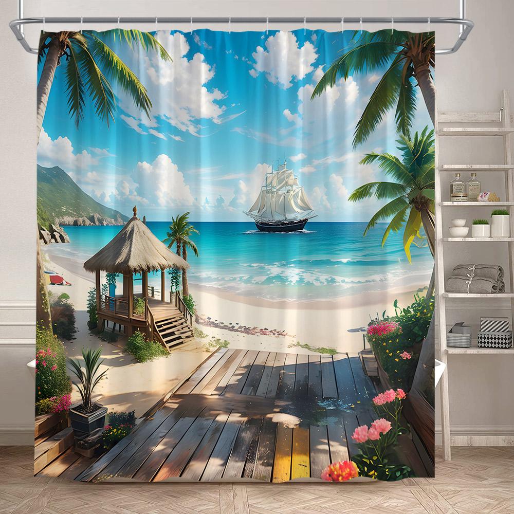 Beach Island Shower Curtain Tropical Palm Leaves Plants Flowers Parrots Blue Ocean Scenery Bathroom Curtains Fabric Home Decor