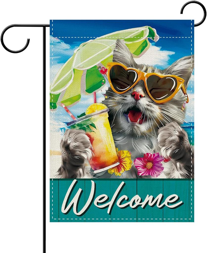 Dyrenson Welcome Summer Beach Cat Decorative Garden Flag, Coastal Sunshade Yard Outside Home Decoration Pet Owner Lover Gift