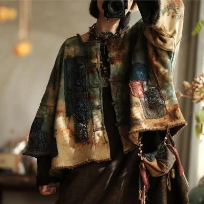 Women Vintage Winter Knitted Jackets Chinese Style Patchwork Button Tie-dye High Quality Warm Jackets