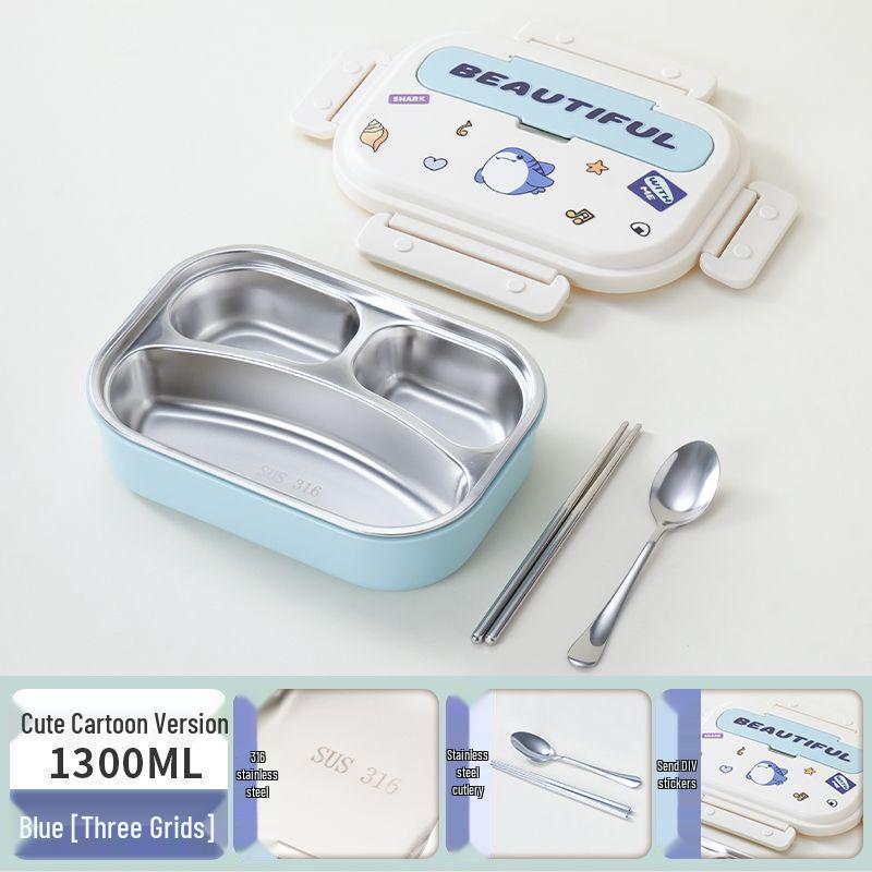 Boîte à lunch Bento pour enfants, à couvercle rabattable, en acier inoxydable 316, compatible micro-ondes, avec compartiments pour les aliments, à décorer soi-même et décorée de dessins animés.