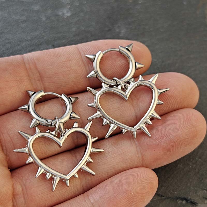 Punk Hip Hop Silber Dornen Herz Creolen für Damen Gothic Rock Kreuz Anhänger Ohrring Grunge Y2K Schmuck Geschenke