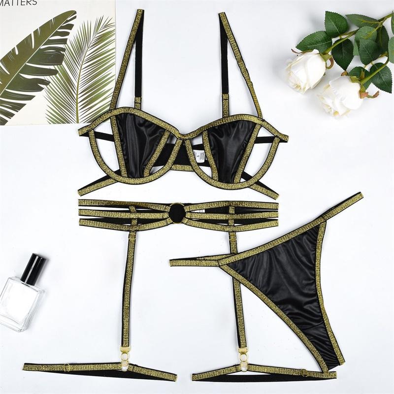 

Жіноча сексуальна нижня білизна Aduloty Комплект із трьох предметів еротичної нижньої білизни із золотою та срібною шовковою лінією із зрощеною штучною шкірою сексуального бюстгальтера L жовтий/чорний