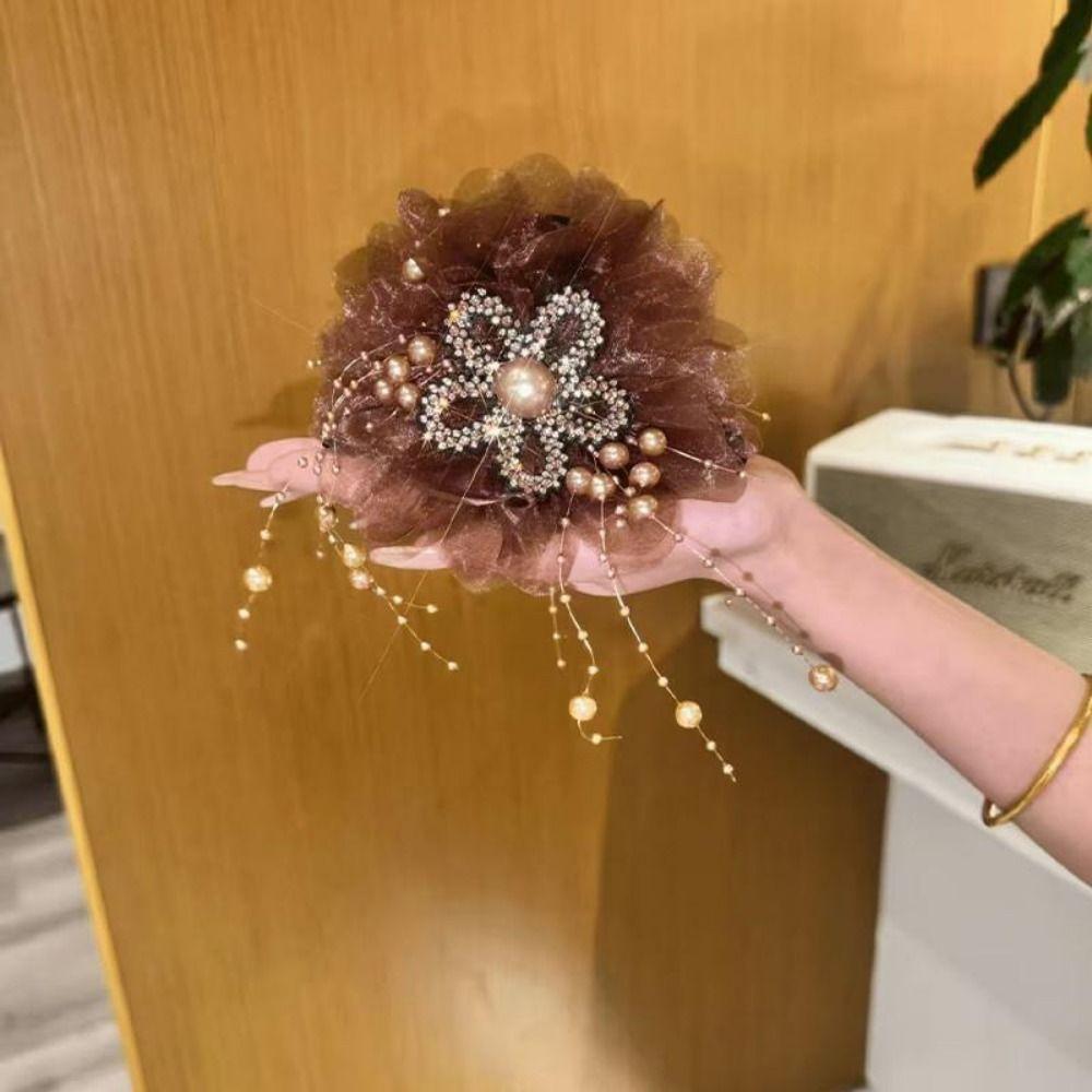 Mesh Sunflower Hair Claws Pearl Tassel Hair Gripper Elegant Shark Hairpins  Women Headdress