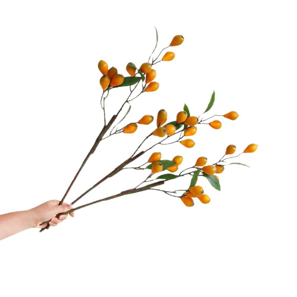 Artificial Loquat Fruit Branch Faux Yellow Burgundy Berry Stem with Green Leaves Fake Fruit Plant for Vase Home Table Floral Decor