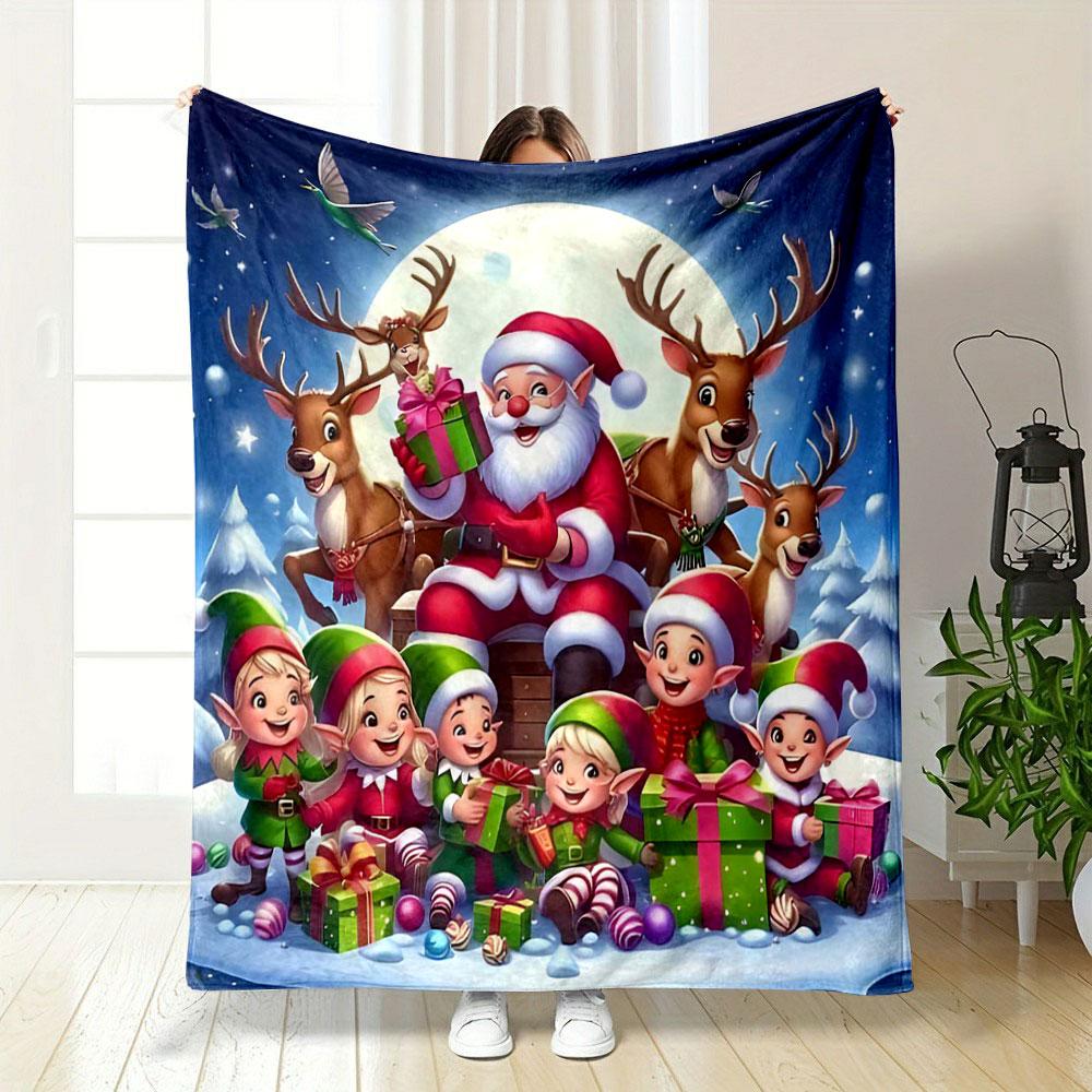Santa and Elves with Reindeer print blanket soft and cozy perfect for the living room bed sofa or a nap,gift