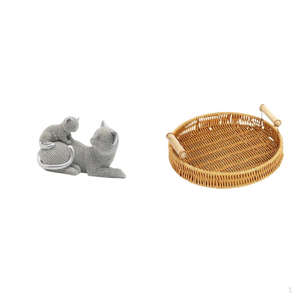 Cat Sculpture Tabletop Ornament Art Crafts Decorative Figurine Animal Statue Woven Fruit Baskets