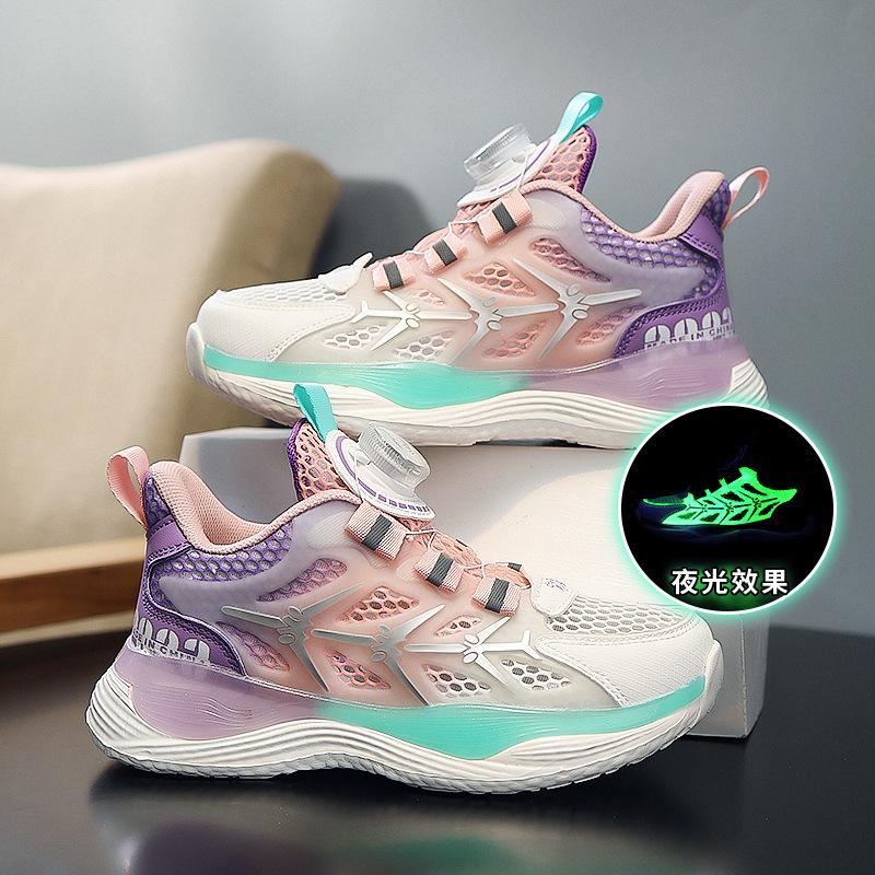 Children's single-mesh breathable sports shoes Medium and older children's rotating buckle soft-soled basketball shoes Non-slip running shoes tide