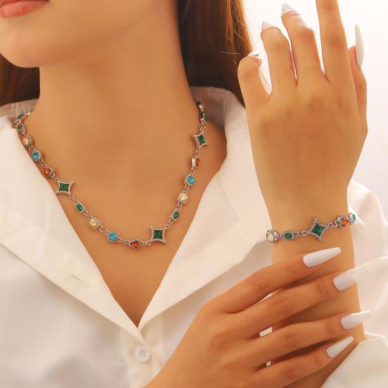 Colorful Faux Gem Necklace Women Retro Necklace Bracelet Sparkling Rhinestone Necklace for Jewelry Gift Parties Dating Weddings