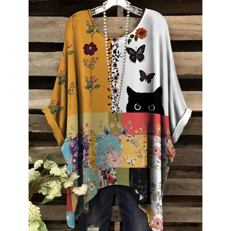 Retro Damen T-Shirt Anime Katze Grafik Mädchen Kleidung Sommer O-Ausschnitt Kurzarm T-Shirts Weiblich Harajuku Streetwear Übergroße Bluse