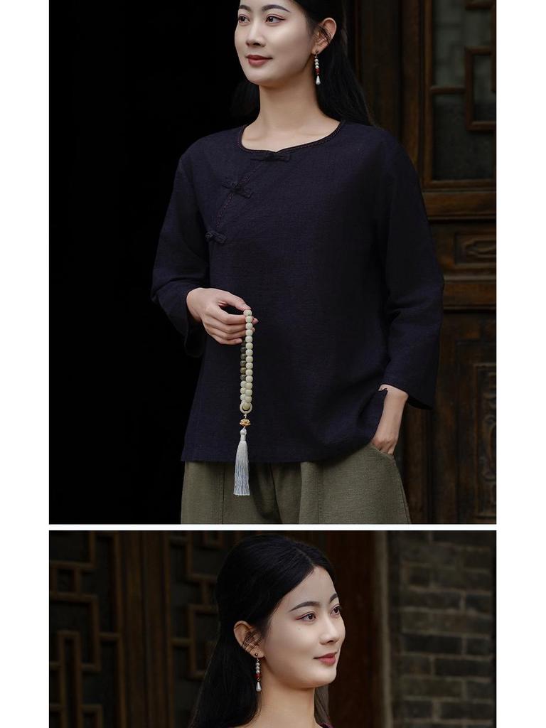 Spring & Autumn Retro Solid Color Cotton-Linen Zen Tea Top with Oblique Lapel & Frog Button