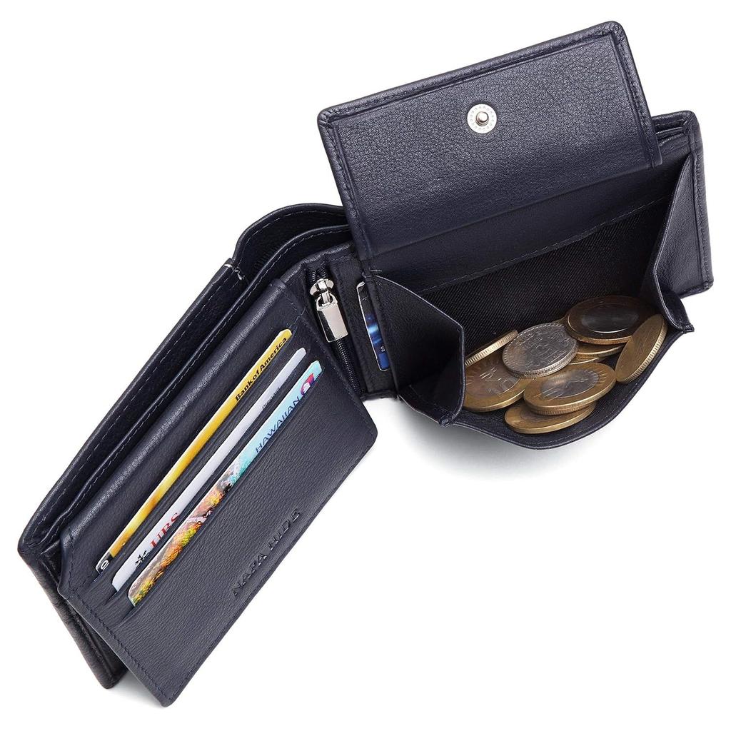 Blue Leather Wallet for Men I 6 Credit/Debit Card Slots I 2 Currency Compartments I 1 ID Window I 2 Secret Compartments I 1 Coin & Zip Pocket