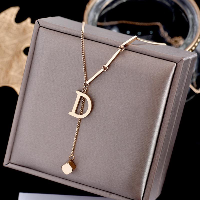 316L Stainless Steel Fashion Fine  Elegant Noble Letter D Sexy Cube Tassel Charms Chain Choker Necklace Pendant For Women