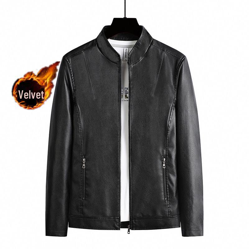 Męska modna kurtka skórzana ze stójką na wiosnę i jesień 2023 z aksamitem dla młodzieży