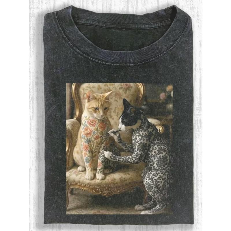 

European sizes Men s Funny Tattooed Cat Design T-Shirt Cotton T-Shirt Short Sleeve Men Family T-Shirt Funny Gift T-Shirt Regular Fit Comfortable S чёрный