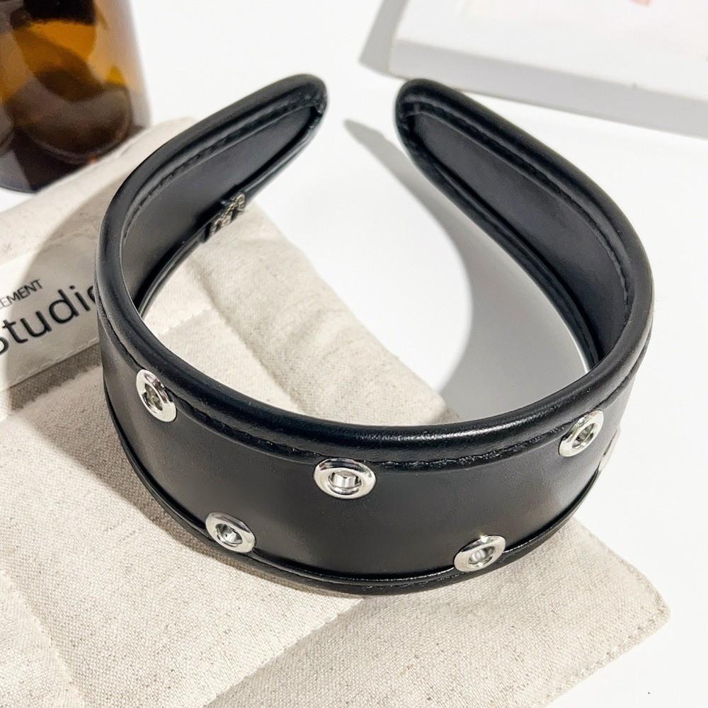 Punk Metal Rivets Headwear Black and Red Hollow Ring Hair Hoop Ins Leather Headband  Urban