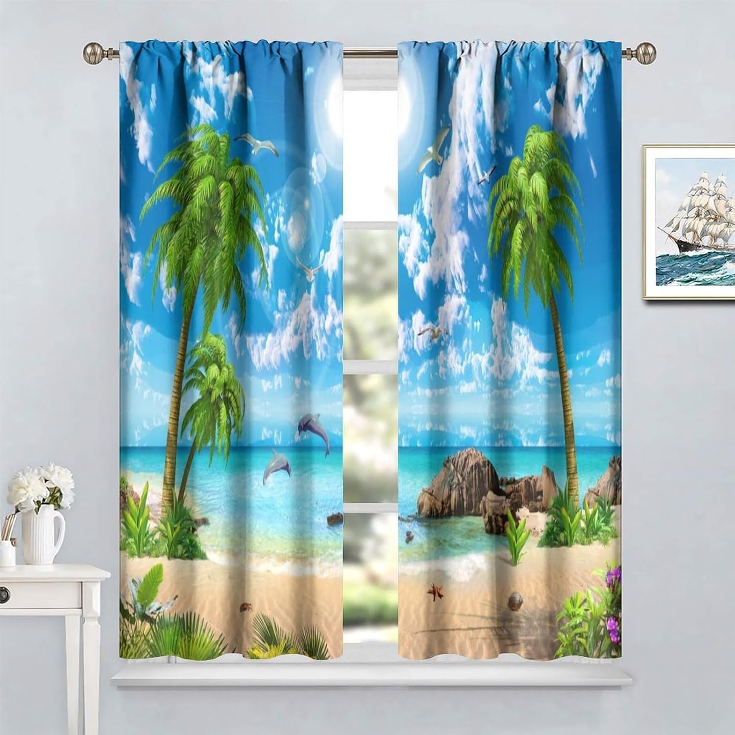 Baifenbai Home Furnishing Ocean Beach Curtains, 3D Tropical Ocean Landscape Palm Trees Beach Coastal Nature Scenery Print Window Treatments Drapes For Bed