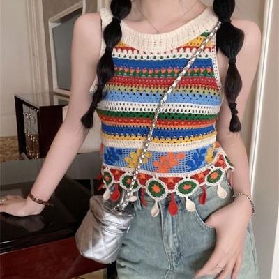 Rainbow Camisole Vest Summer Hot Girl Hollow Hook Flower Short Knitted Top Woven Camisole