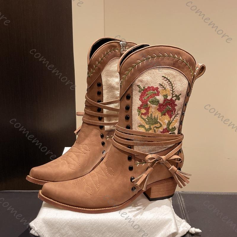 Comemore New Retro Ethnic Embroidery Printing Short Boots Thick Middle Heel Knight Female Botas  Brown Cowboy Women Shoe