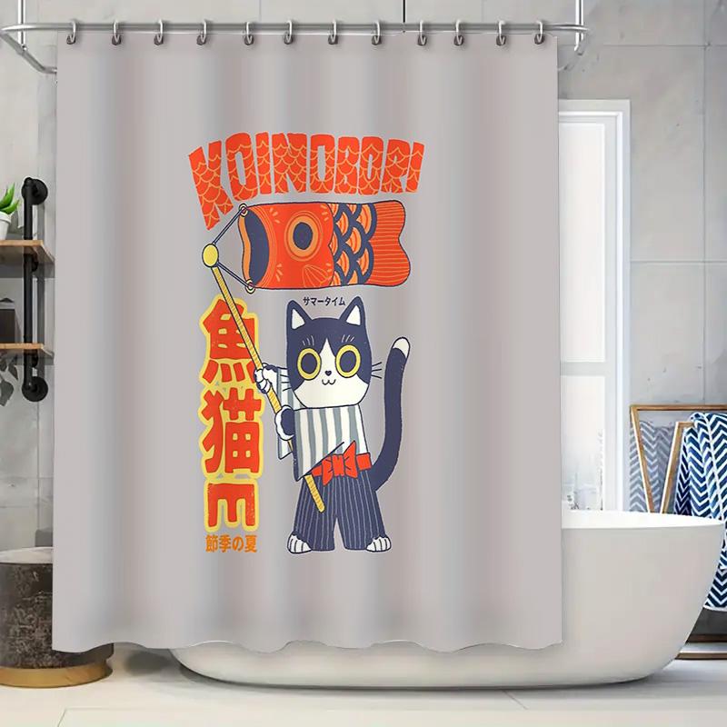 

Cute Cat Bathroom Decor Japanese Style Shower Curtain Washable Waterproof Home Decor Artistic Fabric Liner W60H190(CM)-1 Pcs