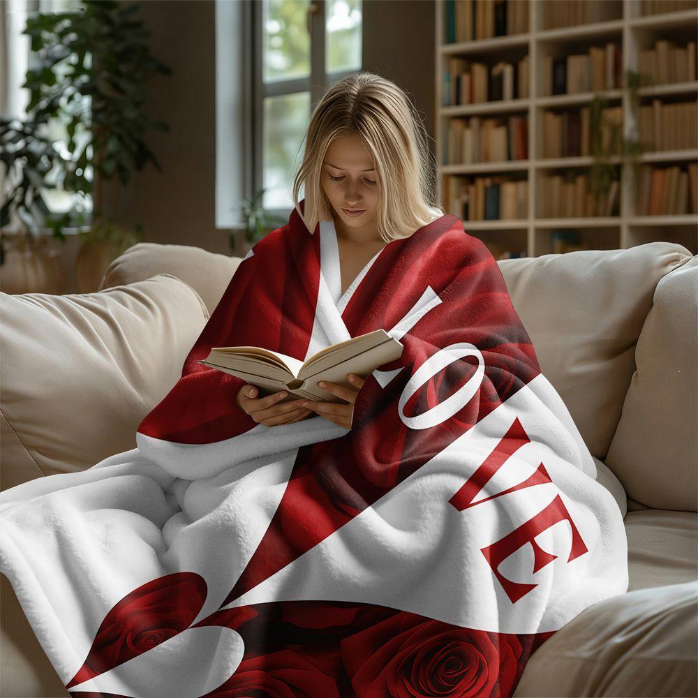 Valentine Love Heart Rose Split Print Flannel Fleece Blanket Soft Throw for Couple Wedding Gift Home Sofa Bed