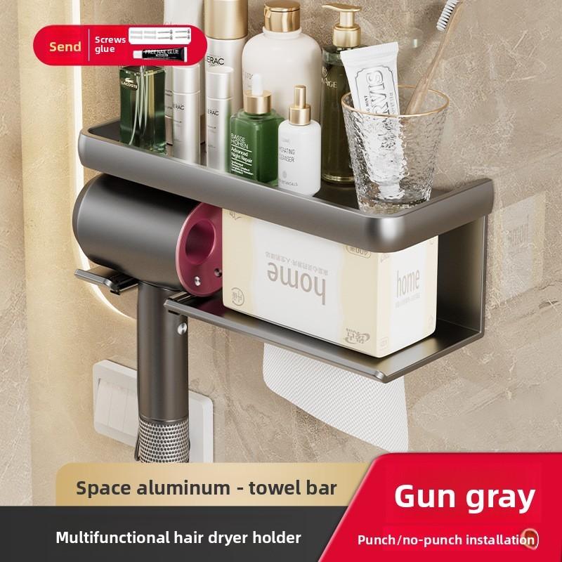Plastic Aluminum Wall Mount Hair Dryer Holder With No Drill Design For Bathroom Organization