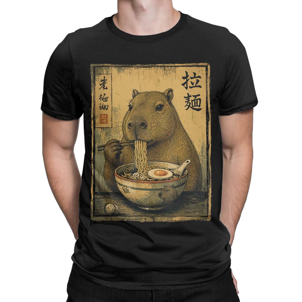 Unisex Cute Capybara Raunisex Noodles Japanese Food Animal T Shirt Cotton Clothes Short Sleeve Crew Neck Tee Shirt Printed Tshirt