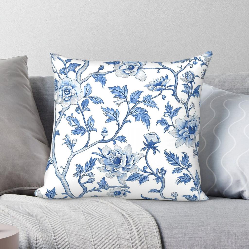 Blue Chinoiserie Floral Square Pillowcase Polyester Linen Velvet Creative Decor Pillow Case Sofa Seater Cushion Cover Wholesale
