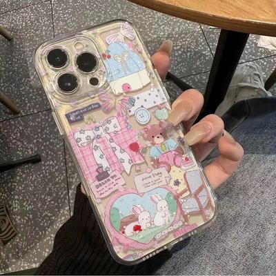 Transparente Weltraum Herz Pilz Hase Handyhülle für iPhone 16/15/14/13 Pro Max