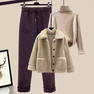 Women's Trendy Winter Lambswool Three-Piece Set: Fleece Coat, Sweater, and Casual Pants