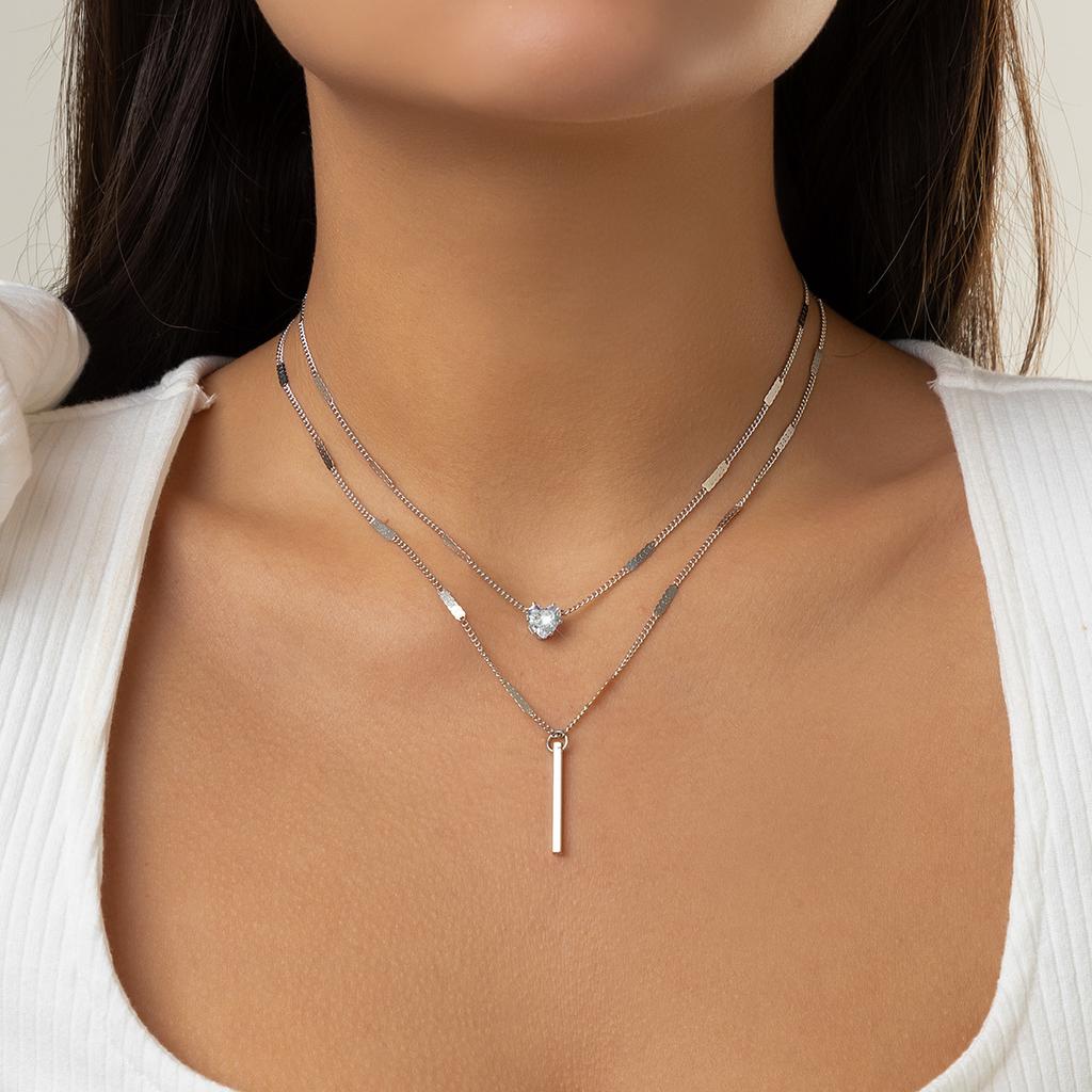 Simple Double-Layer Metal Rod Slightly Inlaid Heart-Shaped Necklace Female, Temperament Water Drop Fine Chain Necklace Necklace