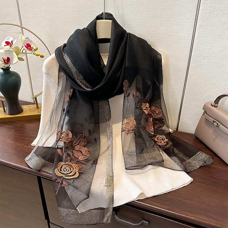 Simulation Silk Handmade Embroidered Scarf Spring And Autumn High-End Foreign Silk Scarf Femininity Easy To Match Decorative Shawl