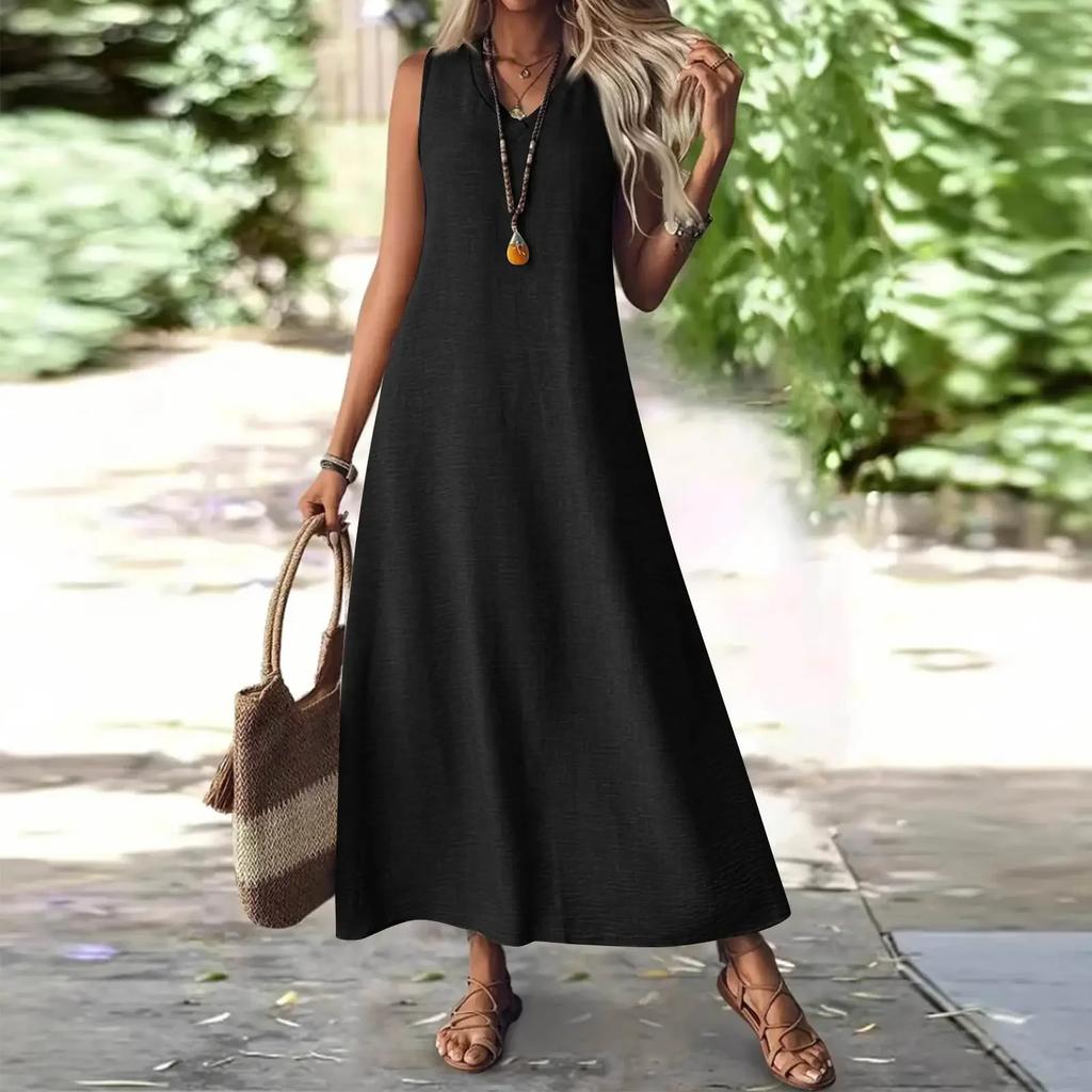 Summer Sleeveless Long V-Neck Elegant Dress Women's Fashion Ankle-Length Maxi Dress