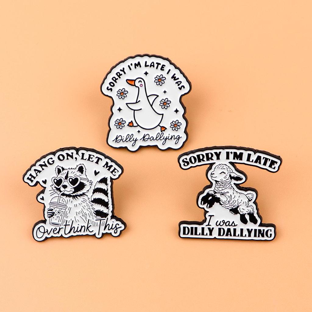 Cartoon Raccoon Alpaca Metal Brooch: Creative English Quote Badge for Clothing