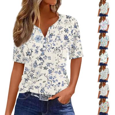 Women's Fashion Casual Vintage Floral Print V-Neck Short Sleeve Decorative Button T-Shirt Tops