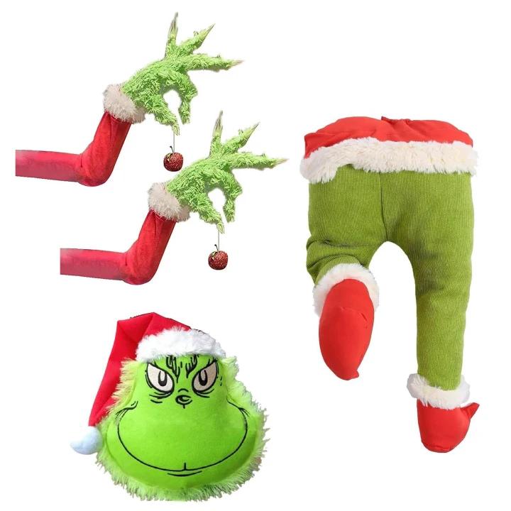 Christmas Green Monster Costume Set for Adults, Funny Plush Head, Hands, and Pants, Holiday Party Cosplay Outfit Accessories