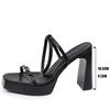Mode Mode Schnalle High Heel Schwarze Sandalen für Damen Sommer Dicke Sohle Zehenfrei Sandale Frau Neu Eckige Zehenpartie PU-Leder Sandalen Mujer