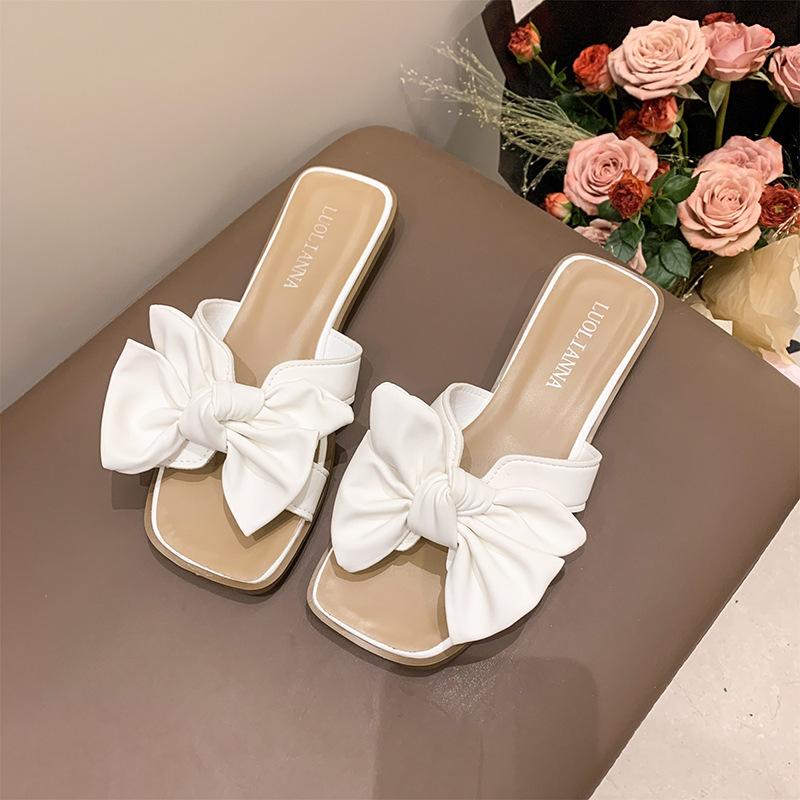 

2025 new stepping on shit slippers women wear summer Internet celebrities fairy wind bow wedge soft bottom one-word 35 бежевий