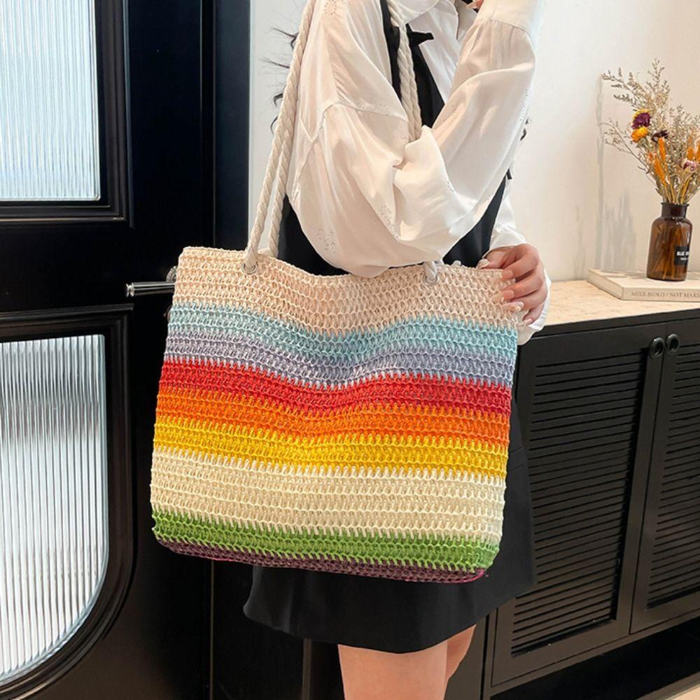 Bohemian Style Strip Weave Bag Beach Handbag Hollow Tote Bag Casual Rainbow Beach Bag  Vacation