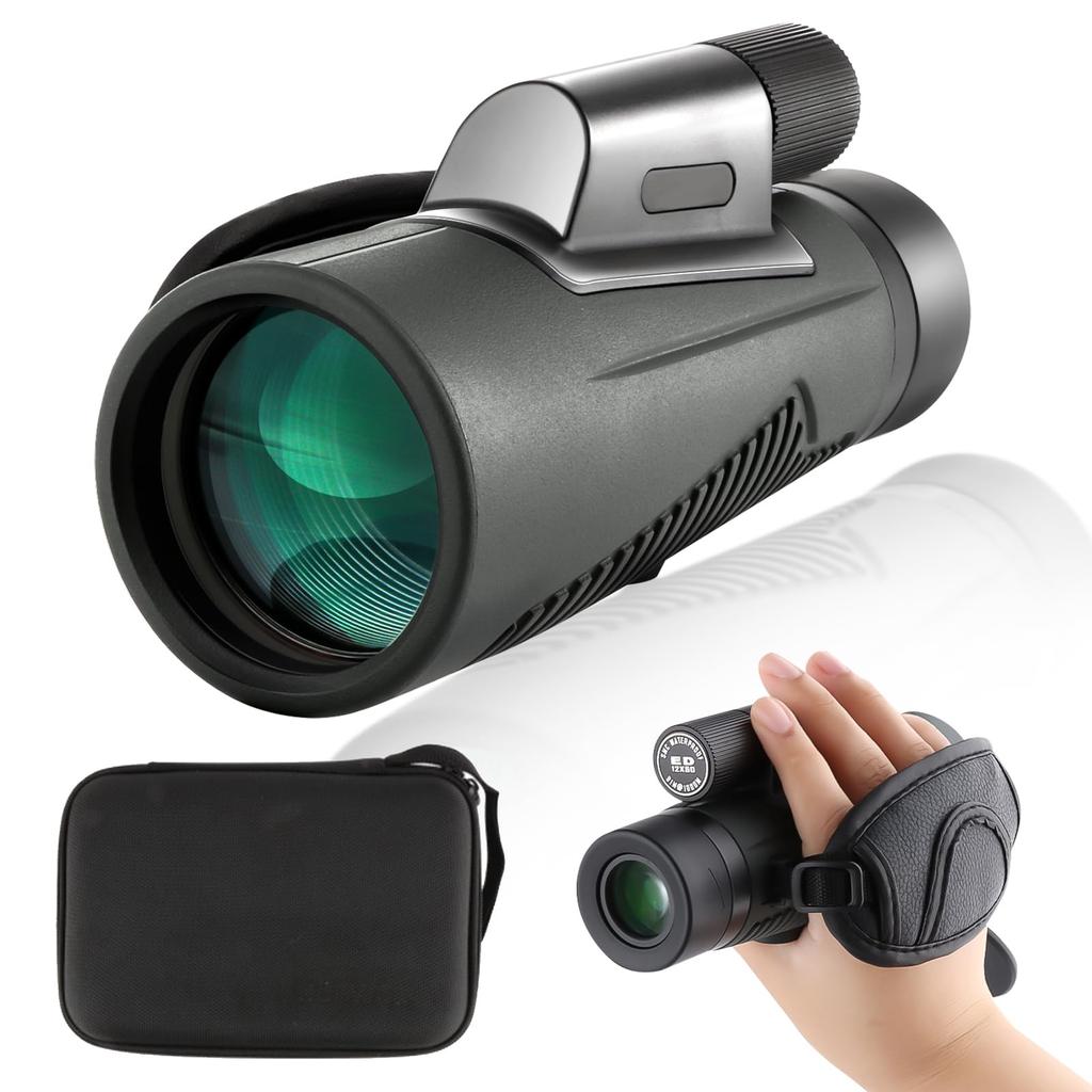 FOCUHUNTER 12x50 ED Monocular with Hand Strap and Carrying Bag, Green Multi-Coated BAK4 Prism Telescope, Waterproof, Compact, Birdwatching Monocular,