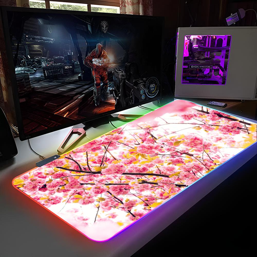 Cherry Blossom Scenery Mouse Pad RGB Backlit Mouse Pad Laptop Mouse Pad Laptop Gamer Computer Desk Gaming Accessories
