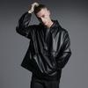 Apostrophe Comma Leather Patch Anorak Hoodie Leather Jacket_Black